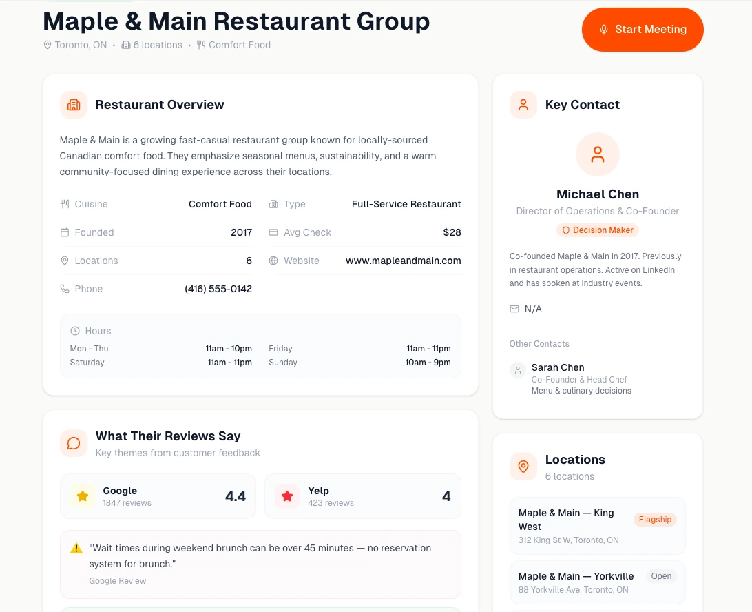 Pre-meeting research screen with restaurant overview, key contact and reviews